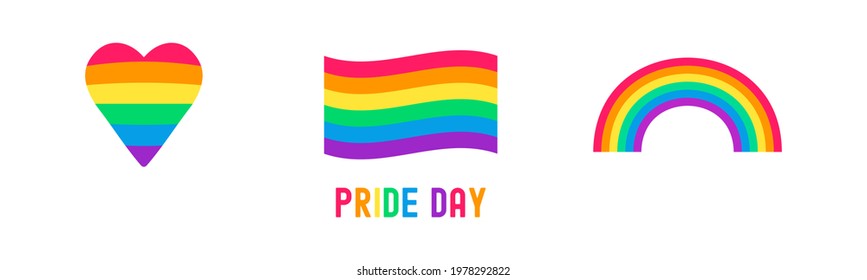 Rainbow flag, heart, arch and text pride day, flat vector icons set. Diversity concept.