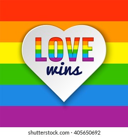Rainbow flag. Heart background with Love Wins text. Vector illustration in LGBT colors. Gay culture symbol, horizontal rainbow