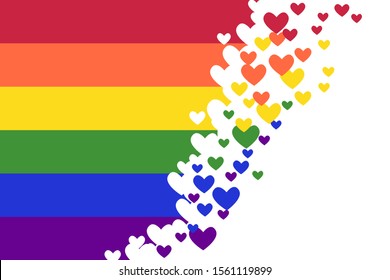Bandeira do orgulho do arco-íris (bandeira da liberdade) com elementos do coração - comunidade LGBT e movimento de minorias sexuais. Ilustração vetorial de um símbolo internacional de lésbicas, gays. Conceito do mês do orgulho LGBT.