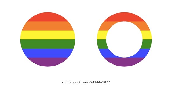 Bandera arcoiris. Icono de círculo LGBT. Símbolo del logotipo de progreso. Conjunto de pegatinas en colores arcoiris. Los marcos del orgullo gay. Banda redonda del vector, botón. Diseño de plantilla.
