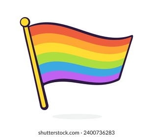 Rainbow Flag of LGBT community on flagstaff. Vector illustration. Hand Drawn Cartoon illustration with outline. Design element isolated on white background