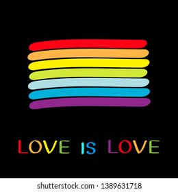 Rainbow flag. Love is love text quote. LGBT gay symbol. Colorful line set. Flat design. Black background. Vector illustration