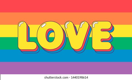 Rainbow flag with love word. Romantic cute background. Symbol of LGBT pride.