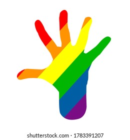 Movimiento de bandera arcoiris lgbt, icono plano. Símbolo de minorías sexuales, gays y lesbianas. Impresión de camisetas. Medios mixtos. Manos de gente. Ilustración del vector