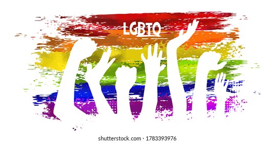 Rainbow flag movement lgbt, flat icon. Symbol of sexual minorities, gays and lesbians. T-shirt print. Mixed media. Hands of people. Vector illustration