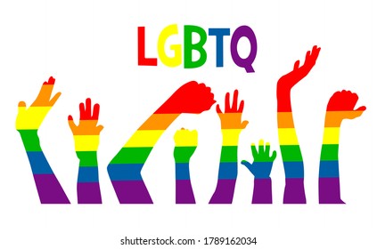 Rainbow-Flag Bewegung lgbt, flaches Symbol. Symbol sexueller Minderheiten, Homosexueller und Lesben. T-Shirt-Druck. Gemischte Medien. Hände von Menschen. Vektorgrafik