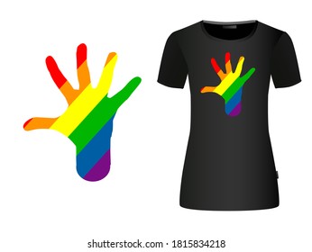 Rainbow flag movement lgbt, flat icon. Symbol of sexual minorities, gays and lesbians. T-shirt print. Mixed media. Hands of people. Vector illustration
