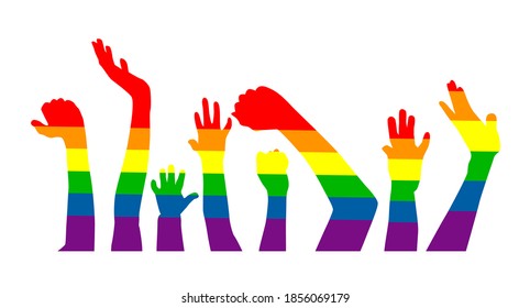 Rainbow flag movement lgbt, flat icon. Symbol of sexual minorities, gays and lesbians. T-shirt print. Mixed media. Hands of people. Vector illustration