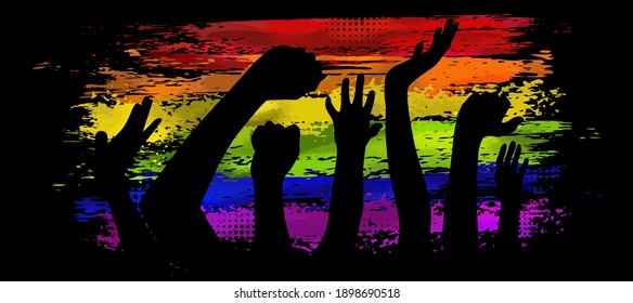 Rainbow flag movement lgbt, flat icon. Symbol of sexual minorities, gays and lesbians. T-shirt print. Mixed media. Hands of people. Vector illustration
