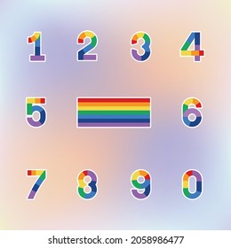 Rainbow flag number character 0 to 9 concept on gradient background.