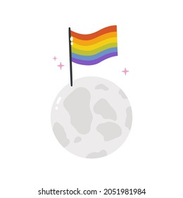 The rainbow flag on the moon is an LGBTQ symbol. Vector illustration of an isolated flag on a white background. A simple flat moon icon. Happy pride month.