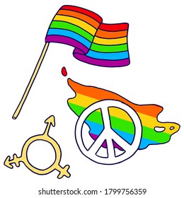 Rainbow flag and peace icon on white isolated backdrop. LGBTQ symbols for invitation or gift card, notebook, bath tile, scrapbook. Phone case or cloth print art. Doodle style stock vector illustration