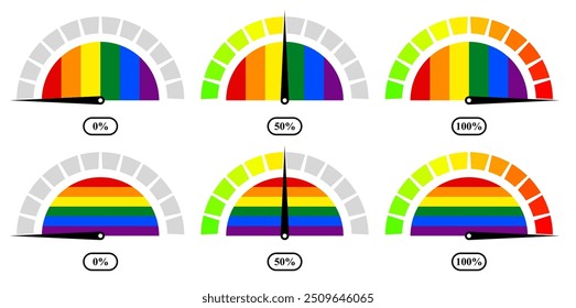 Conjunto de iconos de velocímetros porcentuales de la bandera del arco iris. Ilustración vectorial aislada sobre fondo blanco