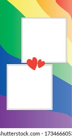 Rainbow flag and place for LGBT photo of a couple as a background or backdrop in a 9:16 format. Stock vector illustration with place for text or copyspace for social media for a gay or lesbian wedding