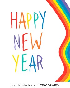 Tarjeta de felicitación con texto Feliz Año Nuevo. Fuente de tinta hecha a mano. Cartas dibujadas a mano escritas con pincel. Ilustración del vector Hipster a la moda