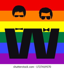 Rainbow Fahne des Stolzes auf die LGBT-Bewegung - zwei Bilder von Männern in einer Bugbinde - farbige Abbildung - Vektor. Gay Pride. LGBT-Konzept