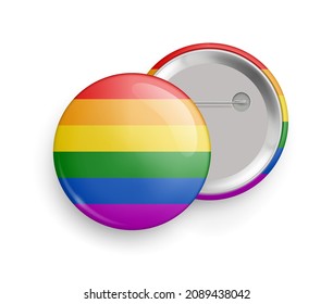 Rainbow flag round glossy 3d badge mockup template. Homosexual pride, freedom, peace, love, equality symbol. Front and back side of pin button realistic vector illustration