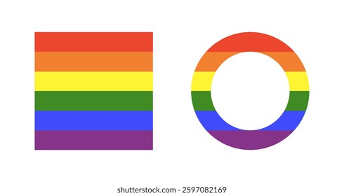 Rainbow flag set. Gay pride trendy frames. Progress Logo minimalist symbols. LGBT circle simple icons. Stickers in rainbow colors. Round, squared  badge, button. Template design.