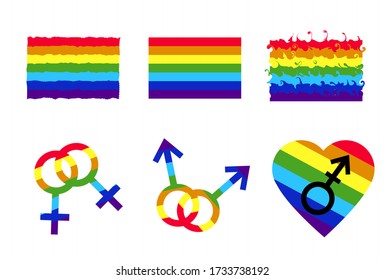 Rainbow flag set. LGBT gay and lesbian pride symbols, star, heart. Icons template. Modern flat vector illustration stylish design element.