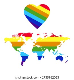 Rainbow flag set. LGBT gay and lesbian pride symbols, map, heart. Modern flat vector illustration stylish design element.
