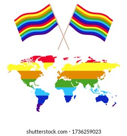 Rainbow flag set. LGBT gay and lesbian pride symbols, map, flag. Modern flat vector illustration stylish design element.