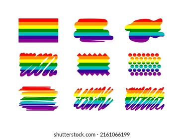 Rainbow flag set. LGBT gay and lesbian pride symbols, star, heart. Icons template. Modern flat vector illustration stylish design element.