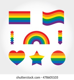Rainbow Flag Set. LGBT Gay And Lesbian Pride Symbols, Star, Heart. Icons Template. Modern Flat Vector Illustration Stylish Design Element