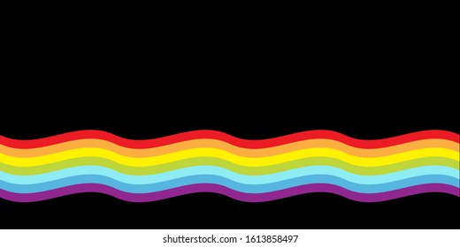 Rainbow flag wave line backdrop. LGBT gay symbol. Pride sign. Colorful line set. Flat design. Black background. Isolated. Vector illustration