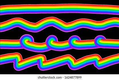 Rainbow flag wave line Gay Symbol LGBT Pride Sign Set of colorful stripes, flat design, separated black background, illustration, - vector