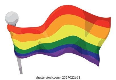 Regenbogenfahne windet mit dem Flügel, der Pride auf einem silbernen Fahnenmast feiert. Design im Cartoon-Stil.