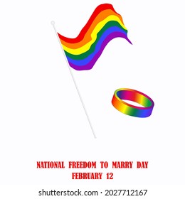 Bandera arcoiris, anillo de bodas - vector. Día nacional de la libertad para casarse. Apoyo al matrimonio entre personas del mismo sexo. Concepto LGBT.