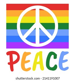 Rainbow flag with a white peace sign, text peace in rainbow colors, pacifism concept, peaceful symbols and signs vector illustration