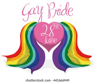 Rainbow flags gather in a pink heart with date reminder for Gay Pride celebration, isolated in white background.