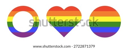 Rainbow flags. Gay pride frames collection. Progress Logo symbols mockups. LGBT circle, heart icons. Round, heart badge, button layout. Set of flat stickers in rainbow colours. Template simple design.