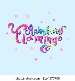 Rainbow Flamingo text as logotype, badge, patch, icon isolated on background. Handwritten lettering Rainbow Flamingo for card, invitation, flyer, banner template, t-shirts design. Vector illustration