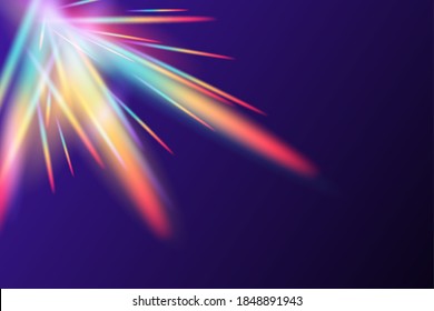 Rainbow flare lens realistic effect. Vector illustration of light refraction texture overlay glare for photo and mockups. Transparent holographic streaks background