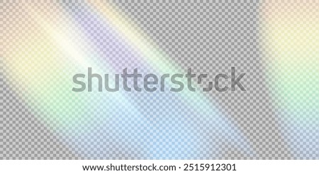 Rainbow Flare on transparent background. Light ray background. Refraction of light, sun glare. Reflected rainbow stripes, light glare. Reflection light prism effect on transparent background.