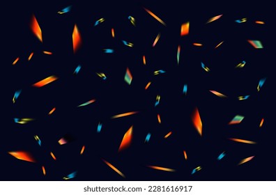 Rainbow flash of a beam of light. Magical multicolored sparks of iridescent glow, bright lens flare, prism. Abstract hologram elements, broken beams, shine, flash beam reflection. Vector illustration.