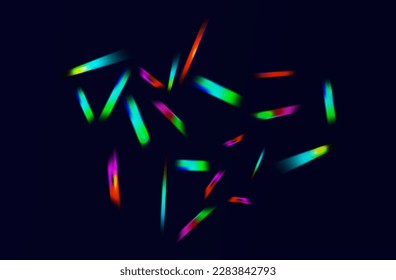 Rainbow flash of a beam of light. Magical, iridescent sparks glow, bright lens flare, prism. Scattered colorful flares, broken beams, hologram, shine, flash ray reflection. Vector illustration.