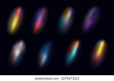 Rainbow flash beam of light. Set of multi-colored glare rays, through glass, lens, prism. Spectrum of blinding flash, blurred shapes, iridescent, reflection glow, beam blur. Magic light. Vector.