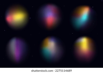 Rainbow flash beam of light. Set of multi-colored round glare rays, through glass, lens, prism. Spectrum of blinding flash, blurred shapes, iridescent, reflection glow, beam blur. Magic light. Vector.