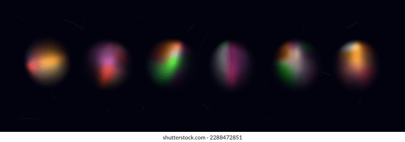 Rainbow flash beam of light. Set of multi-colored round glare rays, through glass, lens, prism. Spectrum of blinding flash, blurred shapes, iridescent, reflection glow, beam blur. Magic light. Vector.