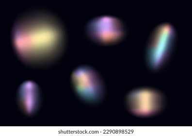 Rainbow flash beam of light. Set of multi-colored round glare rays, through glass, lens, prism. Spectrum of blinding flash, blurred shapes, iridescent, reflection glow, beam blur. Magic light. Vector.