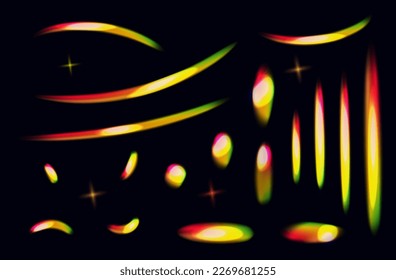 Regenbogenblitz des Lichts. Funkfrequenzen, helle Lichtstrahlen, durch Glas, Linse, Prisma. Satz abstrakter, unscharfer Formen mit irisierendem, reflektionsleuchten, Strahlbruch. Magisches, kosmisches Licht. Vektorgrafik.