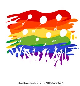 Rainbow flash mob - Happy people launch balloons