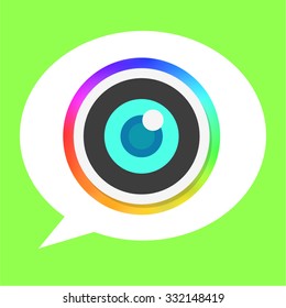 Rainbow Flat Camera Lens Icon with Green and Bubble Speech Background for Mobile Apps