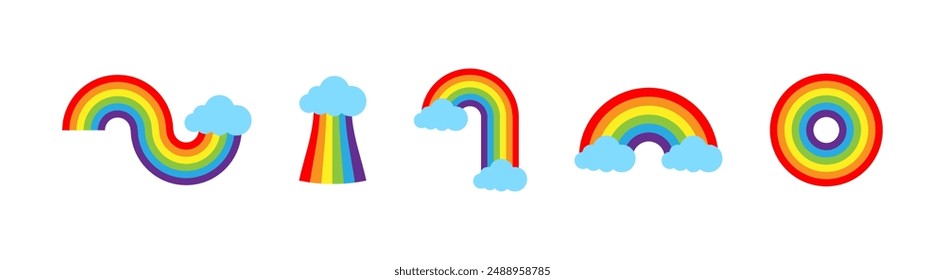 Rainbow flat cartoon style set. Colorful rainbows illustration.