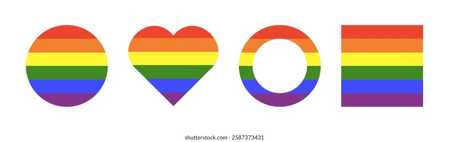 Rainbow flat flag. Gay pride simple frames. Progress Logo symbols pattern. LGBT icons minimal mockup. Set of stickers in rainbow colors. Round, heart, square badge, button. Template for design.