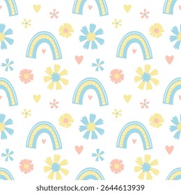 rainbow flat, flowers. Cute vector seamless pattern in flat style on white background. Illustration for textile, children's room, paper packaging
