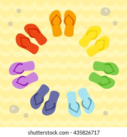 Rainbow flip flops in circle on the sand. Template for invitation, banner, card, poster, flyer, website designs. Art vector illustration.